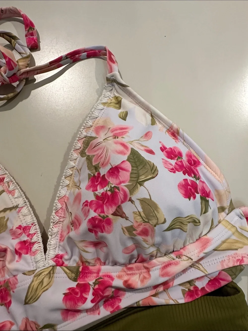 Set of White and Floral Triangle Bikini top and Green High Rise Bottoms